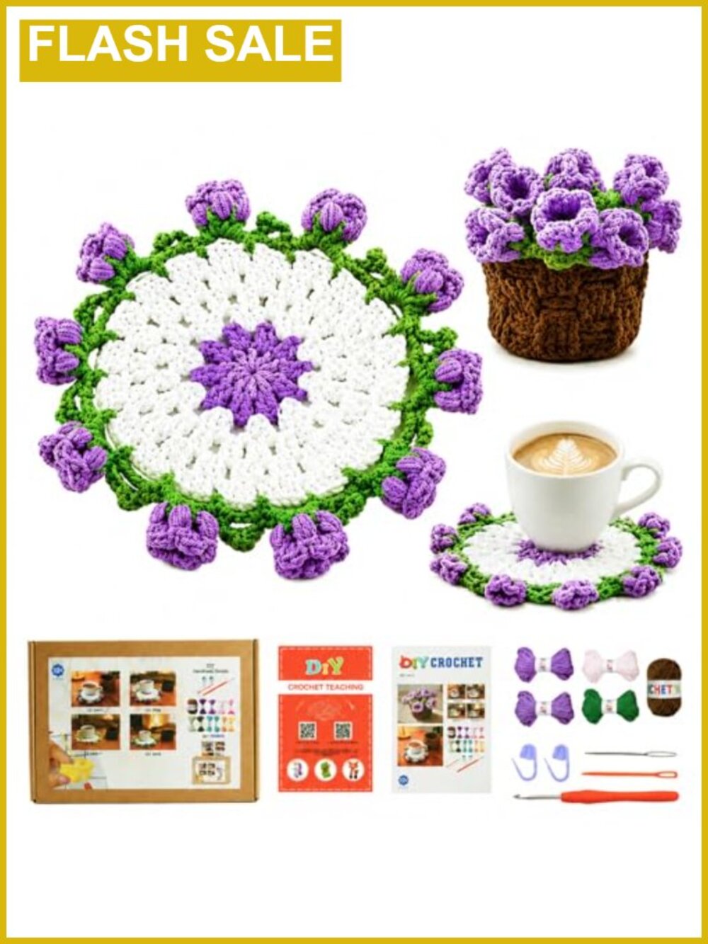 Beginner Crochet Coaster Kit Lily of the Valley with Video Guide